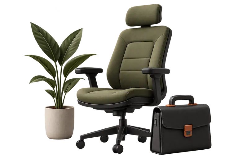 Office chair, plant and briefcase